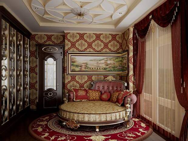 Дизайн интерьера квартир, интерьер в классическом стиле, комната для отдыха диван красный