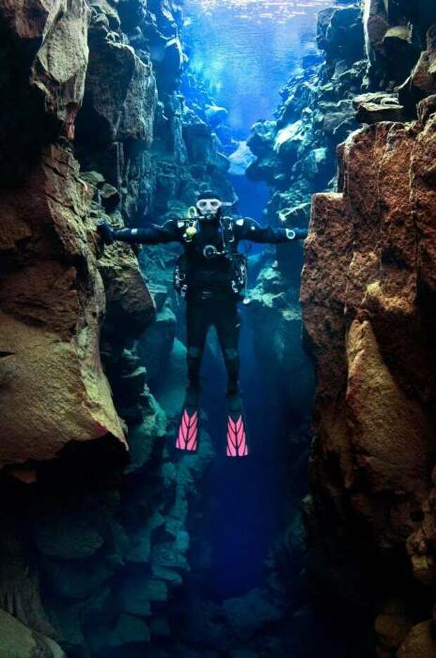 В подводном ущелье Сильфра удастся поплавать между Америкой и Европой и даже одновременно прикоснуться к континентам руками (Thingvellir). | Фото: pointeresam.ru.