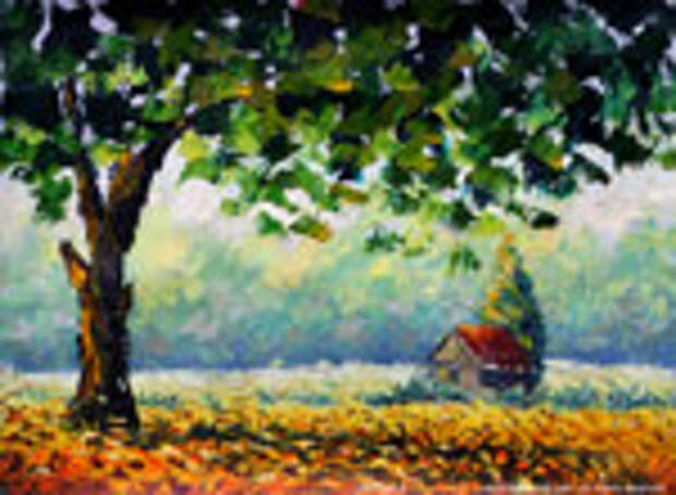 ОСЕННИЙ ПЕЙЗАЖ маслом - живопись мастихином: "Одинокий домик встречает осень"