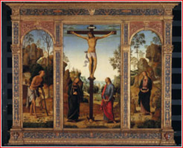 Перуджино, Пьетро. Распятие с предстоящими (Богоматерью, Св. Иоанном, Св. Иеронимом и Св. Марией Магдалиной). Холст (переведено с дерева), масло. Национальная галерея, Вашингтон.