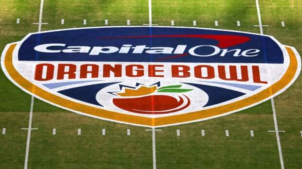 A view of the Orange Bowl logo at midfield.