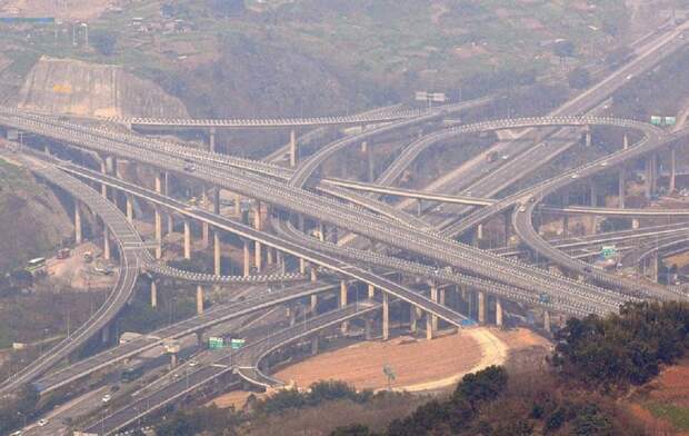 Строительство пятиуровневой транспортной развязки началось в 2009 году Чунцин, дорога, китай, развязка, сложность, транспорт