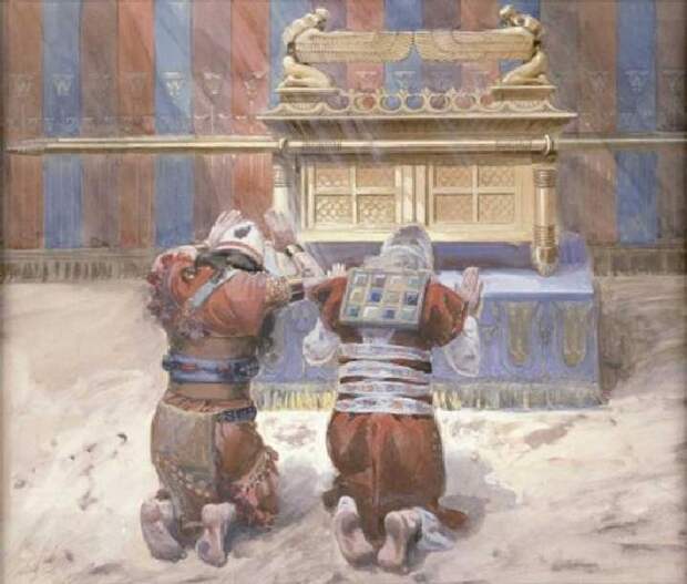 Моисей и Иисус Навин в Скинии, кланяясь перед ковчегом (1896-1902). Джеймс Тиссо. (Всеобщее достояние).