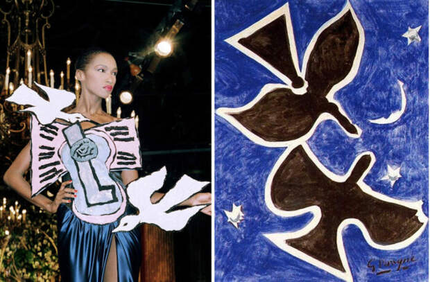 Слева направо: Платье в стиле Пикассо от Ива Сен-Лорана, 1988 год. \ Птицы Жоржа Брака, 1953 год. Фото: pinterest.com.