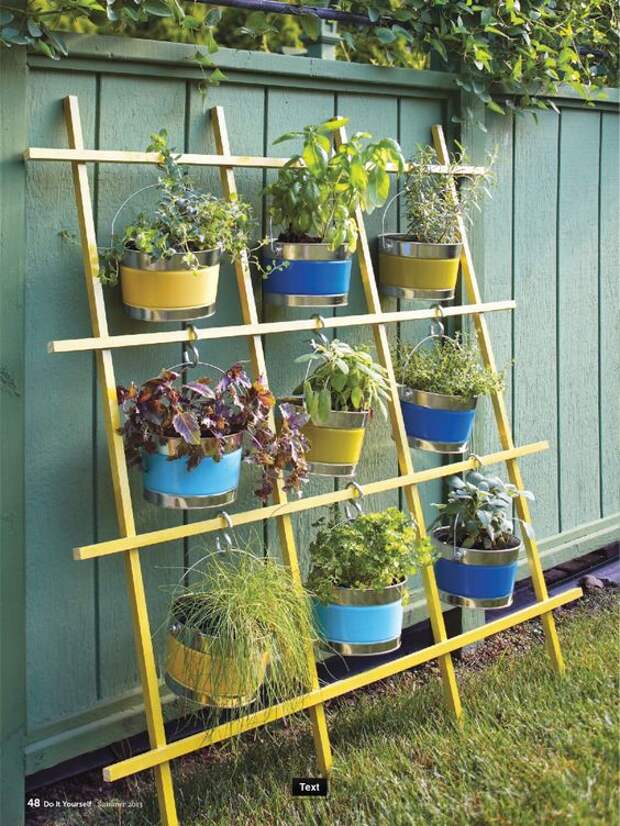 What a great idea for a verticle herb garden using a trellis, buckets and S hooks.: 