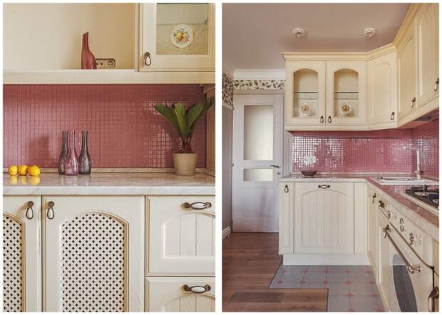 Плитка небольшого размера грязно розового цвета, является главным украшением интерьера кухни.
