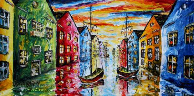 Artist Valery Rybakow. Multi-coloured houses, Boats. Oil Sea painting. LARGE Painting oil and palette knife: 
