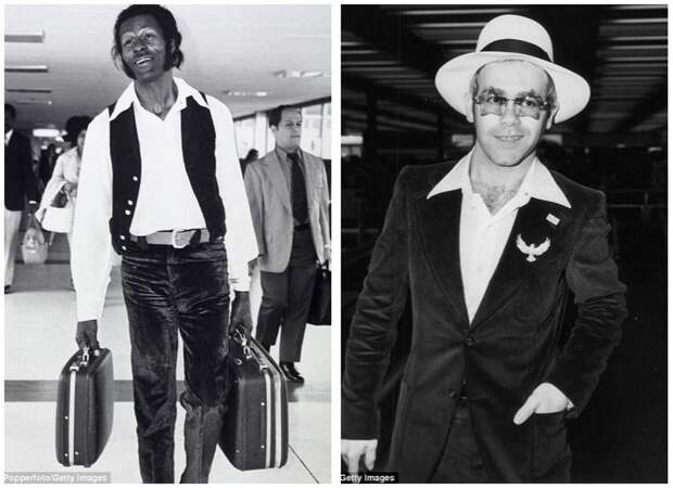 Слева - Чак Берри, август 1972 г., справа - Элтон Джон, 1975 г. архивные фотографии, аэропорт, аэропорты, знаменитости, известные люди, старые фото, фото знаменитостей