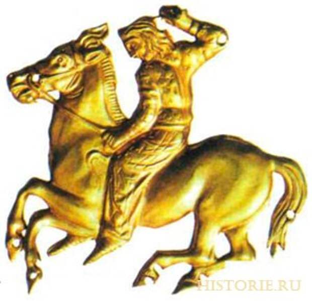 Золотая нашивная бляшка в виде конного скифа. Около 350 г. до н. э.