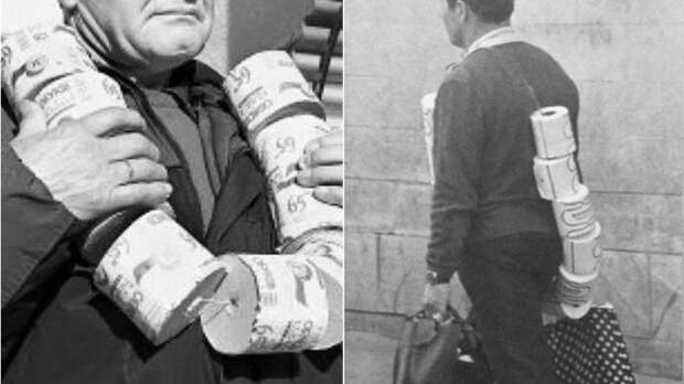 В СССР на улицах можно было увидеть людей, несущих на шее рулоны туалетной бумаги.