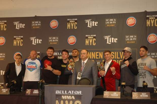 Scott Coker, Fedor Emelianenko, Matt Mitrione, Chael Sonnen, Aaron Pico, Zach Freeman, Brent Primus, Neiman Gracie at Bellator NYC post fight press conference.