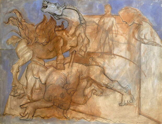 Пабло Пикассо. Раненый Минотавр, лошадь и персонажи. 1936 год
