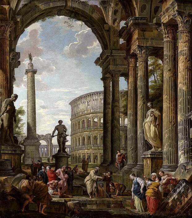An architectural capriccio with the philosopher Diogenes and other figures by a fountain beneath a portico with the Colosseum, the column of Trajan, Hercules and the Hydra, the Farnese Hercules, and, Автор: Panini, Giovanni Paolo (Джованни Паоло Панини)