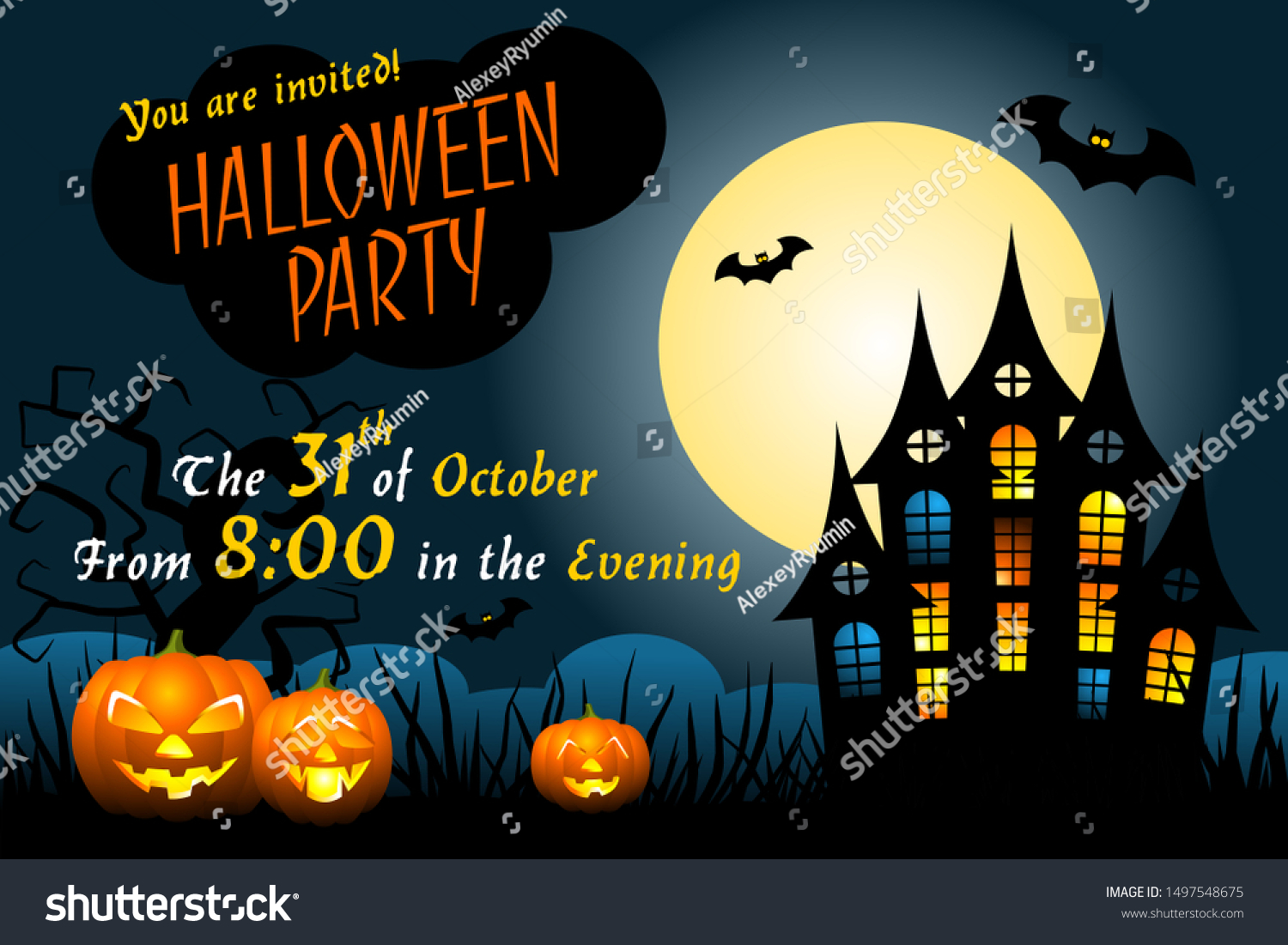 Halloween party invitation template with haunted house, scary pumpkins, bats, ugly trees and full moon.