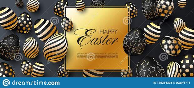 Luxury Happy Easter website header or banner template with realistic 3D black golden eggs on black striped background 