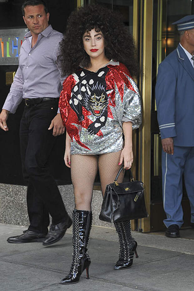 Lady Gaga leaving her hotel wearing a panther sequin dress in New York City