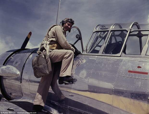 Cadet L. Deitz is photographed boarding a plane. At this time, to get colored image the subject had to stay very still for quite some time