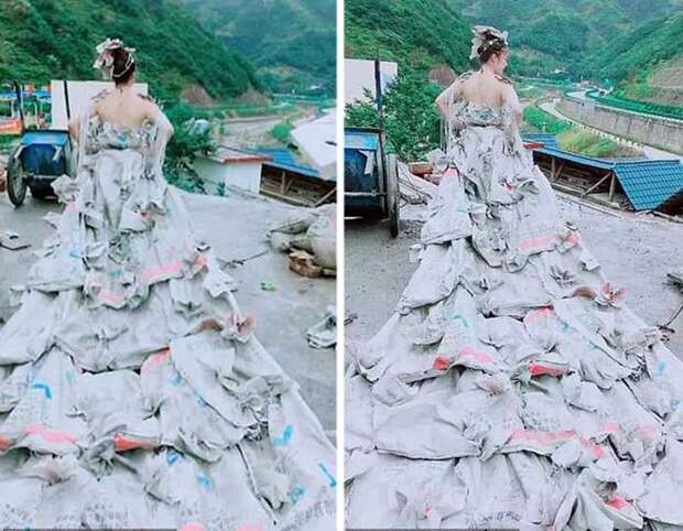 Девушка из Китая сшила себе платье из 40 мешков