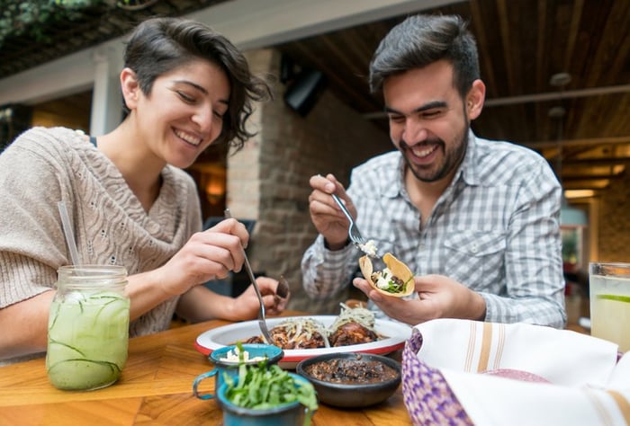 Couple sharing a meal in an outdoor space.