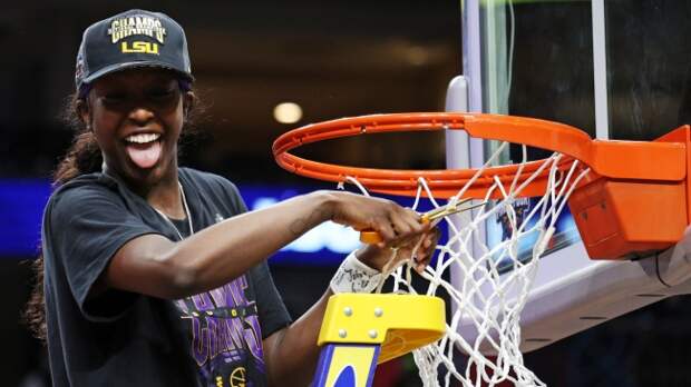 Angel Reese cutting down the net