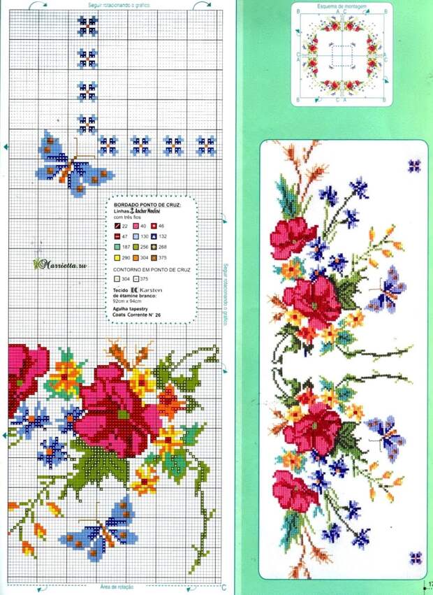 Цветы и бабочки на скатерти. Схема вышивки крестом (2)