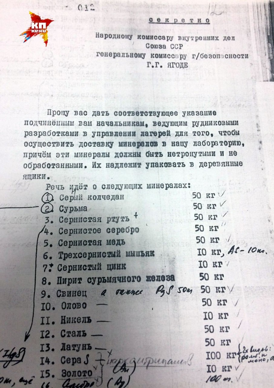 Записка Савельева Ягоде о поставках материалов для алхимии.