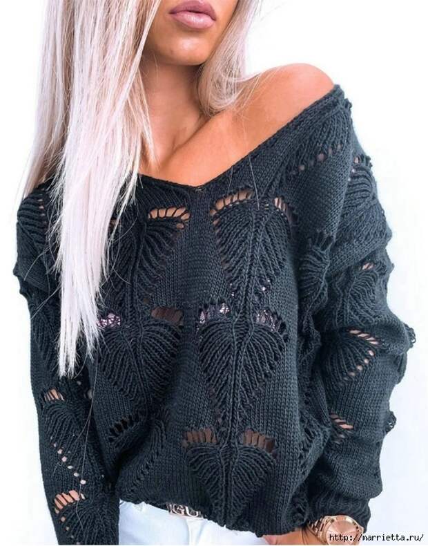 Пуловер спицами ажурным узором «Листик» - модный тренд сезона