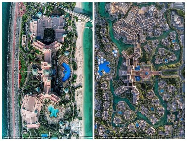 Слева - курортный комплекс Atlantis the Palm (на искусственном острове Пальма Джумейра), справа - элитный курорт Мадинат Джумейра Дубай фото, аэросъемка, дрон, дубай, дубай достопримечательности, квадрокоптер, с высоты птичьего полета, снимки с дрона