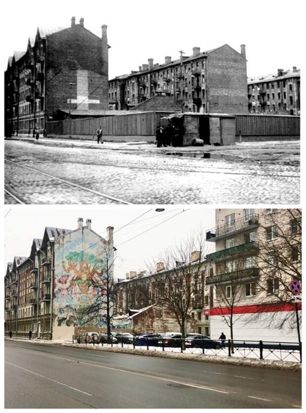 Здания Гаванского рабочего городка со стороны Наличного переулка.1939 и 2021 год.