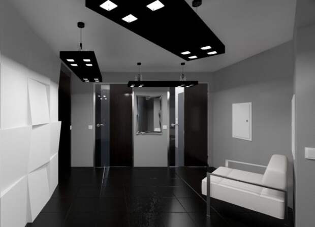 Прихожая в чёрно-белом стиле - один из самых простых вариантов оформления коридора. \ Фото: indesignInfo.ru. 