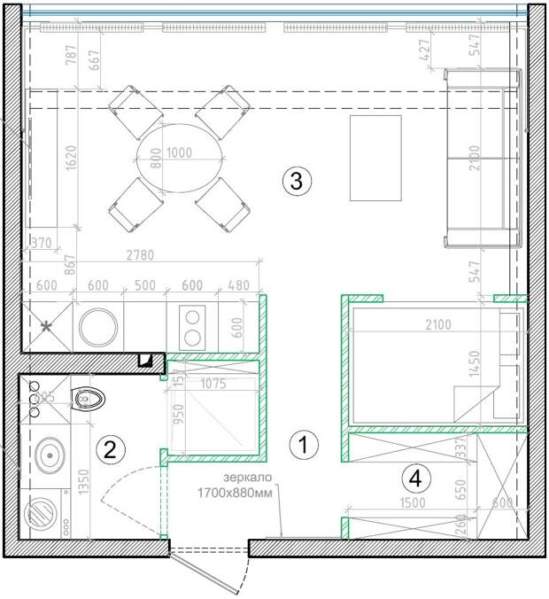 Дизайнерский интерьер квартиры площадью 34 квадратных метров