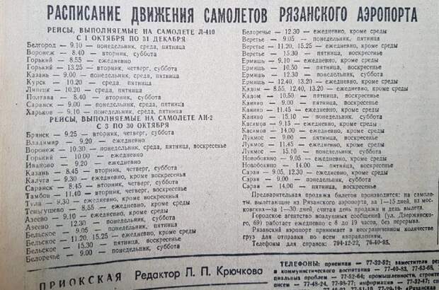 Расписание рейсов аэропорта в Турлатово в 1987 году, опубликованное в "Приокской правде"