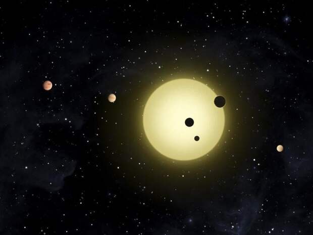 Кеплер-11, похожая на Солнце звезда, вокруг которой вращаются шесть планет. Иногда две или — как на рисунке — даже три планеты одновременно выполняют астрономический транзит космос, красота, планета, рисунки, художники