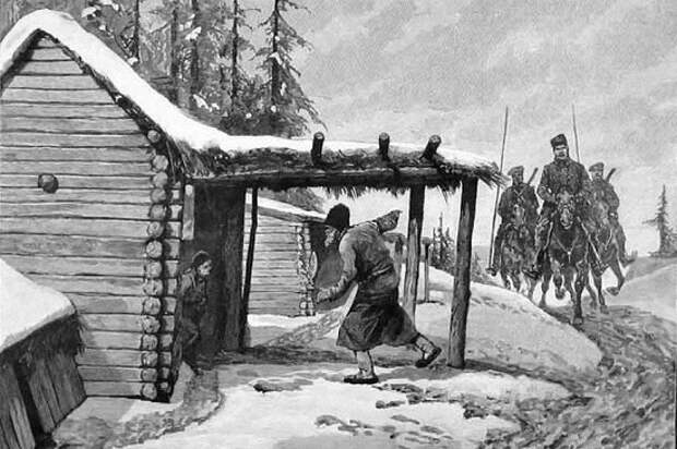 Урядник с казаками въезжают в деревню в поисках спрятанного зерна. Фото: репродукция/Родина Царская продразверстка