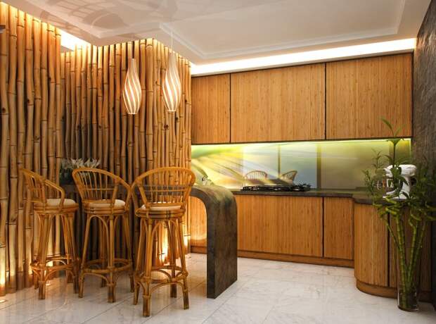 Стены, украшенные расщепленными и цельными стеблями бамбука, создают экостиль в любом помещении. 