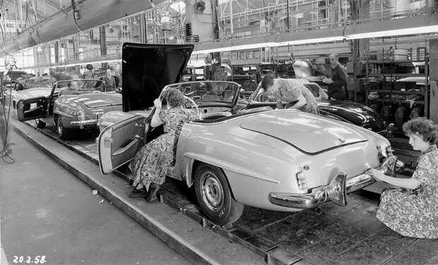 Линия сборки Mercedes-Benz 190 SL на фото 1958 года
