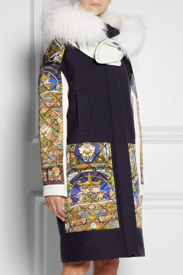 Just Cavalli | Raccoon-trimmed printed satin and wool-twill coat | NET-A-PORTER.COM: 