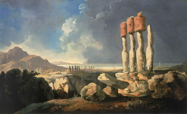 Вид на монументы острова Пасхи (Рапа-нуи). Уильям Ходжес, 1775 год. | Фото: en.wikipedia.org.