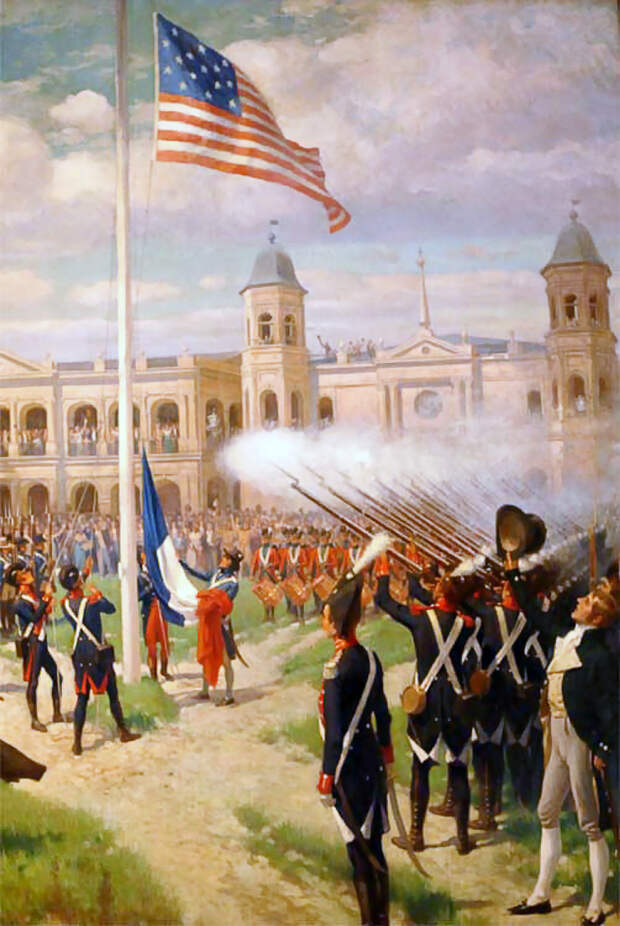 Flag raising in the Place d'Armes of New Orleans, marking the transfer of sovereignty over French Louisiana to the United States, December 20, 1803, as depicted by Thure de Thulstrup.jpg
