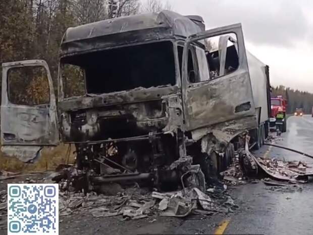 На трассе М-5 в Челябинской области вспыхнула и выгорела дотла фура
