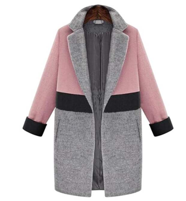 Color Block  Woolen Lapel Coat: 