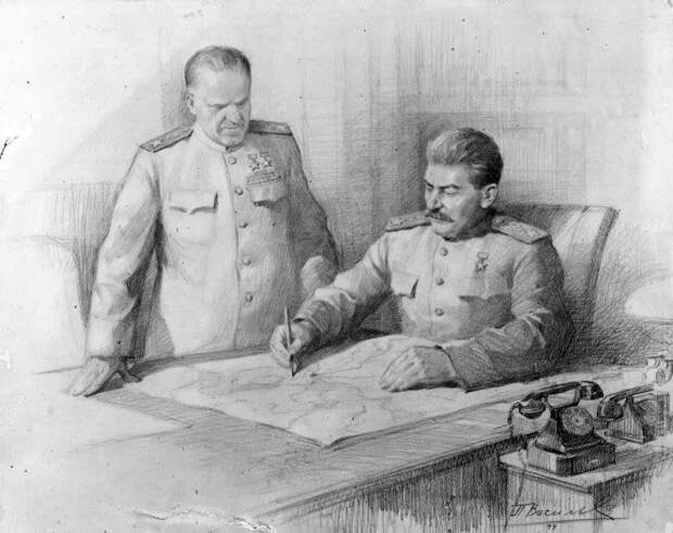 П. Васильев. И.В. Сталин и Г.К. Жуков над картой боевых действий. П. Васильев. И.В. Сталин и Г.К. Жуков над картой боевых действий.