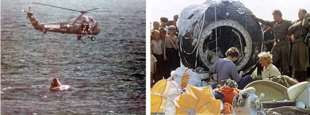Эвакуация Уолтера Ширры из приводнившейся капсулы Mercury (3 октября 1962 г.) и встреча Валентины Терешковой после приземления корабля «Восток-6» (19 июня 1963 г.). Фото NASA и ИТАР-ТАСС.