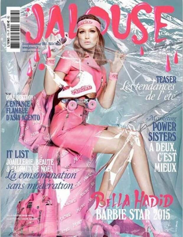 Bella Hadid on the cover of Jalouse magazine in January 2018 Moschino collection