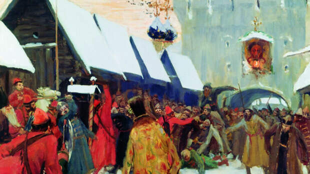 Б. М. Кустодиев, «Возмущение слобод против бояр (Бунт против бояр на старой Руси)», 1897 г.