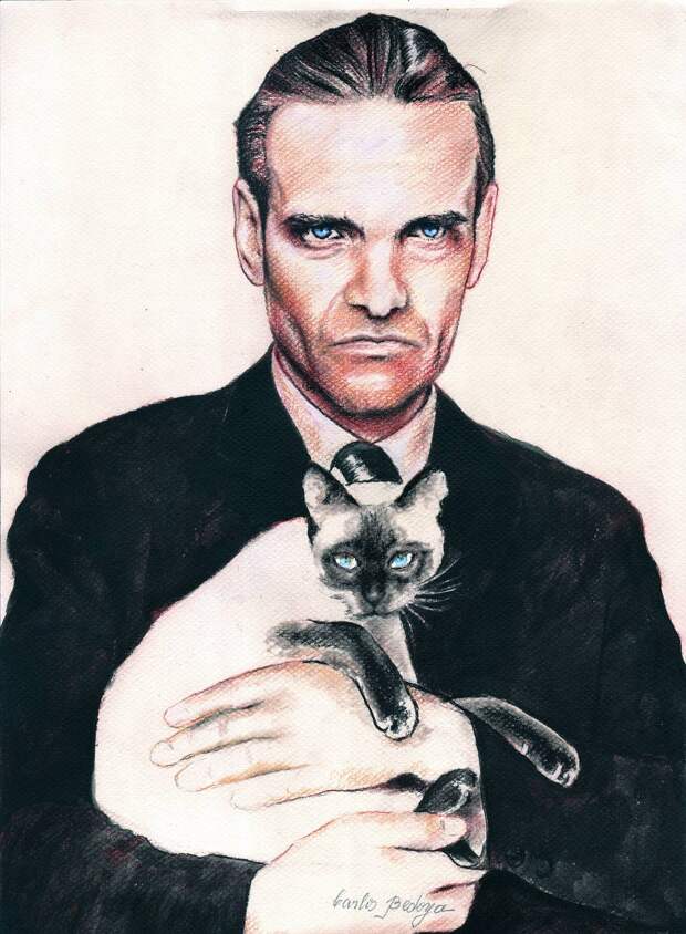 Портрет Юрия Кнорозова с кошкой Асей, написанный парагвайским художником Карслосом Бедойя Личный архив Галины Ершовой