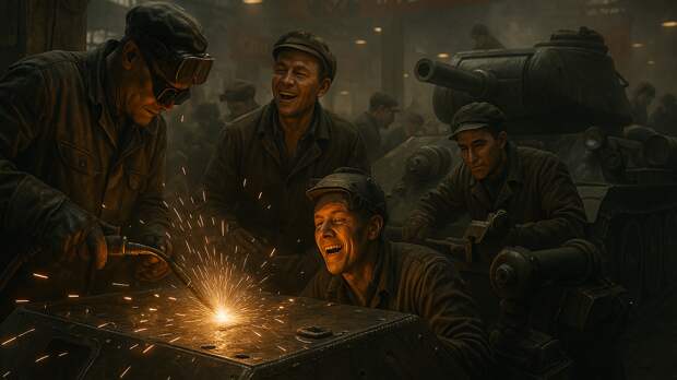 Советский тыл, 1942 год. Цех танкового завода. Рабочие в замасленной форме клепают броню танка Т-34. Искры летят, пар клубится, над станками висят портреты Сталина и лозунги. В глубине цеха играет радиоприёмник, и кто-то улыбается, напевая “Броня крепка, и танки наши быстры”.