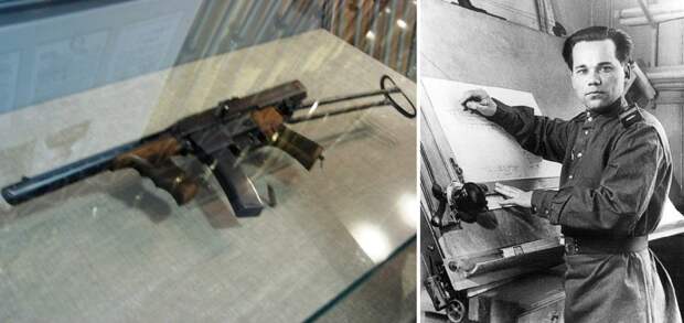 первый пистолет-пулемет АК-42 и М. Т. Калашников, фото 1949 года
