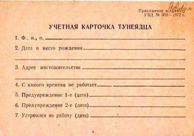 Учетная карточка тунеядца документ, история, книжка, паспорт, трудовая