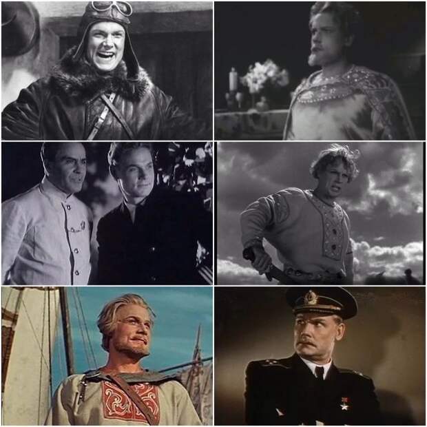 Фильмы Сергея Столярова: "Аэроград" (1935), "Руслан и Людмила" (1938), "Моряки" (1939), "Кащей Бессмертный" (1944), "Садко" (1952), "Тайна двух океанов" (1956)